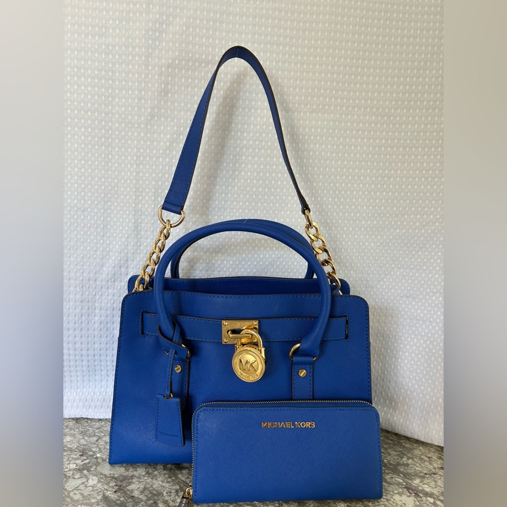 Michael Kors 3PC Blue Hamilton Satchel w/ Gold Accents, Wallet & MK Dust Bag EUC - Picture 2 of 12